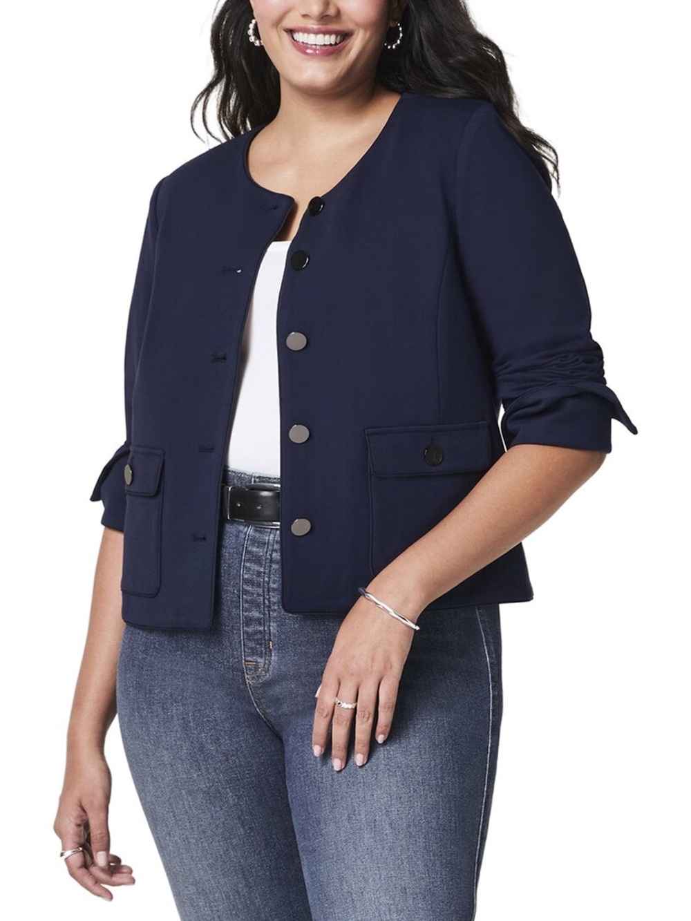 NWOT Spanx Lady Bomber Blazer Navy Blue Formal Casual Button Down Stretch Jacket